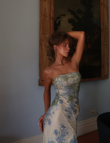 Retro Blue Print Floral Strapless Satin Long Outfit Party Dress 18 Birthday Dress HZ1023